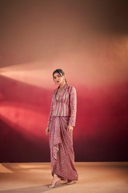 Elegant Tasar Silk Ensemble with Flowing Silhouettes and Artistic Prints for Festive Charm and Modern Style