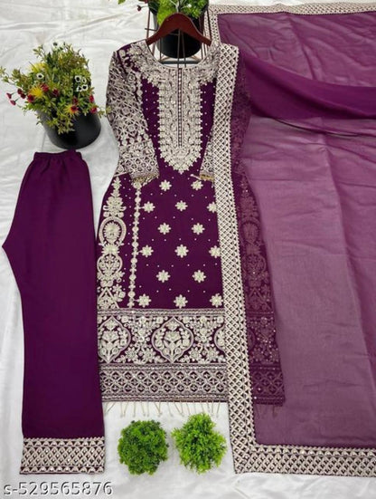 New Collection Faux Georgette Ensemble with Intricate Heavy Embroidery, Sequin Detailing, and Fully Stitched Ready-to-Wear Top, Bottom, and Dupatta Set