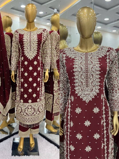 New Collection Faux Georgette Ensemble with Intricate Heavy Embroidery, Sequin Detailing, and Fully Stitched Ready-to-Wear Top, Bottom, and Dupatta Set