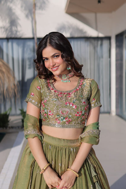 Elegant Lehenga Choli and Dupatta Ensemble in Fendi Silk with Multi-Thread Embroidery