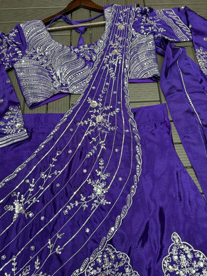 Elegant Embroidered Sequined Chinon Lehenga Choli Set with Full Stitching and 4-Meter Flair