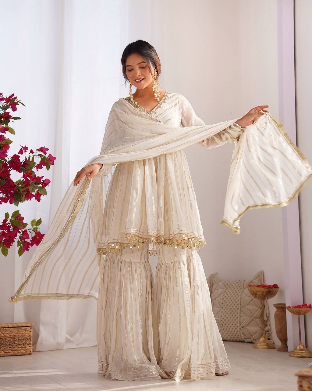 Elegant Women's Ethnic Ensemble with Real Mirror and Handwork – Ready-to-Wear Mal Chanderi Set with Sharara Palazzo and Mirror Lace Dupatta