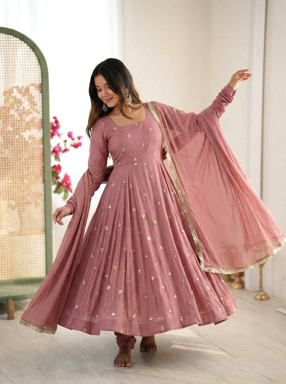 Elegant Ready-to-Wear Designer Gown and Dupatta Set in Roman Silk with Exquisite Embroidery