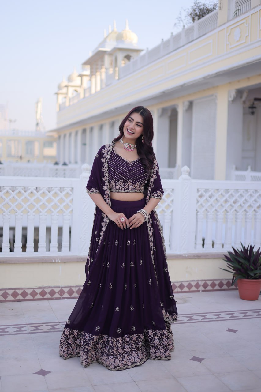 Elegant Lehenga Choli and Dupatta Set with Intricate Sequins and Zari Embroidery