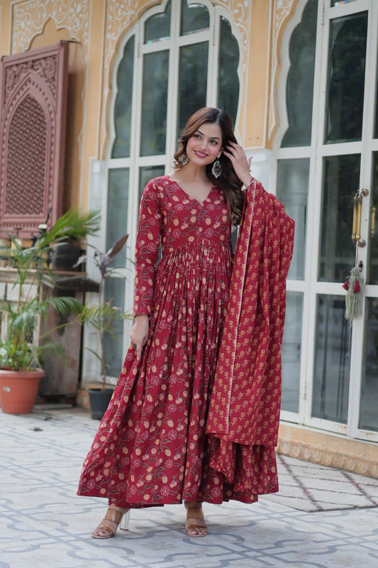 Premium Gown Set: Cotton Kurti, Pant & Dupatta