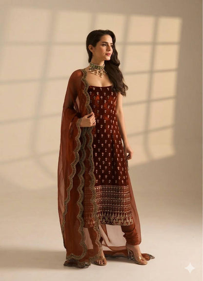 Roman Glass Satin Elegant Women's Suit Set with Golden Zari and Sequins Detailing
