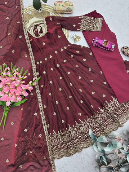 RangBhoomi Designer Party Wear Gown Set — Two-Tone Fandy Silk Embroidered with Pearl & Sequins