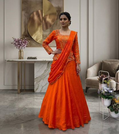 RangBhoomi Designer Lehenga Saree with Real Mirror & Embroidery Work - Long Blouse, Chinon Fabric