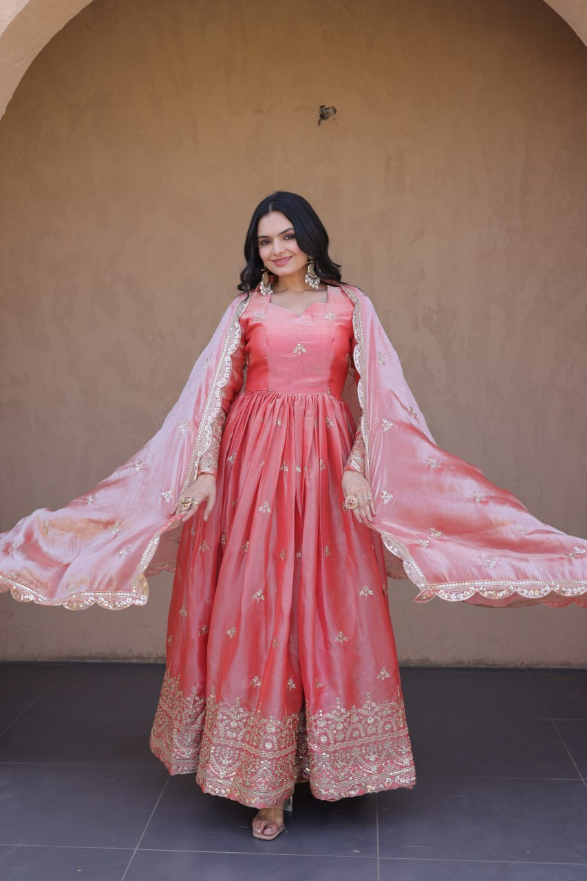 RangBhoomi Fendi Silk Sequined Gown with Dupatta – Elegant Full-Sleeve Designer Set