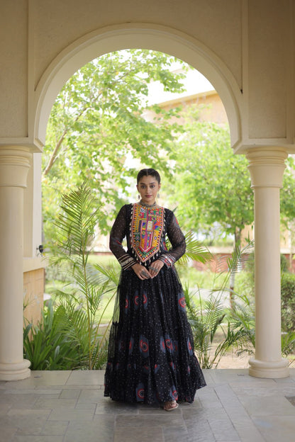 RangBhoomi Bandhani & Kutchi Patchwork Faux Georgette Gown — Navratri Collection 2026