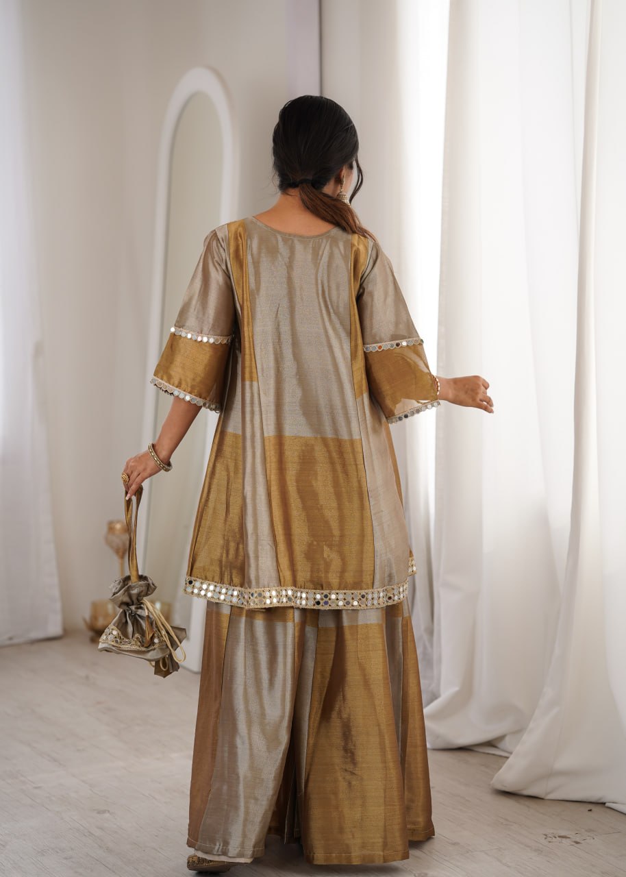 Ready-Made Two-Piece Ensemble with Batwa - Elegant Two-Tone Tissue Fabric with Embroidered and Mirror Work Lace