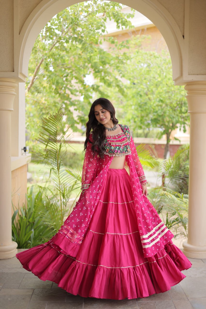 RangBhoomi Navratri 2026 Lehenga & Kurti Set – Kora Cotton Lehenga with Bandhni Faux Georgette Kurti (L, 40" Stitched)