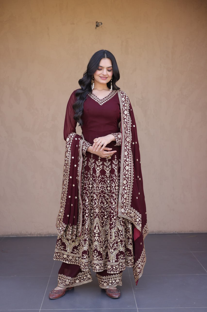 RangBhoomi Premium Readymade Gown with Pant & Dupatta Set - Embroidered Faux Blooming Festive Ensemble