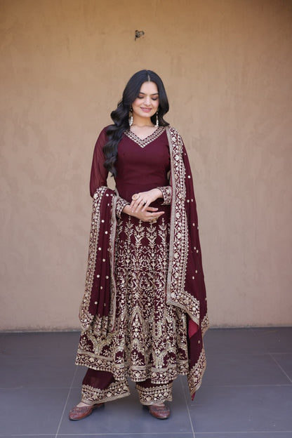 RangBhoomi Premium Readymade Gown with Pant & Dupatta Set - Embroidered Faux Blooming Festive Ensemble