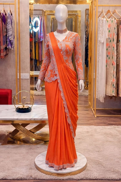 Elegant Ready-to-Wear Saree with Full Embroidered Sequined Jacket in Luxurious Heavy Chinon Fabric