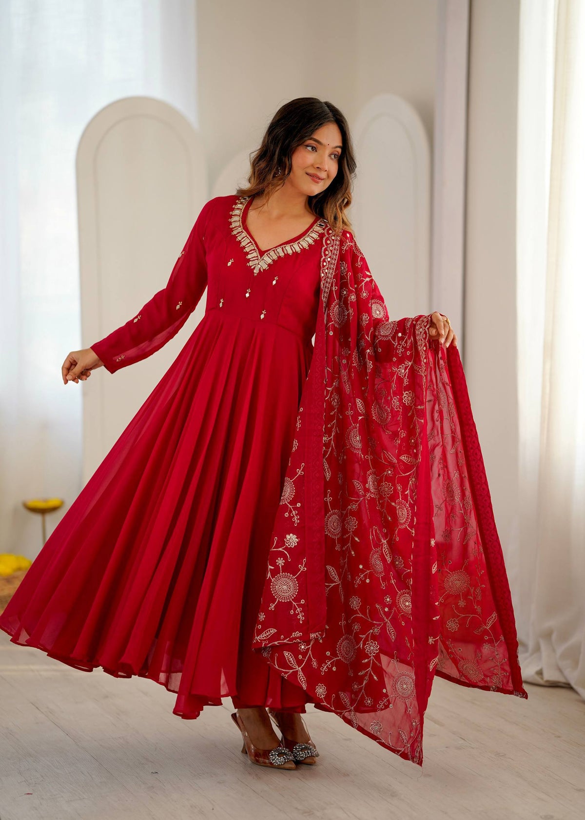 RangBhoomi Elegant Embroidered Mirror Anarkali Three-Piece Gown Set
