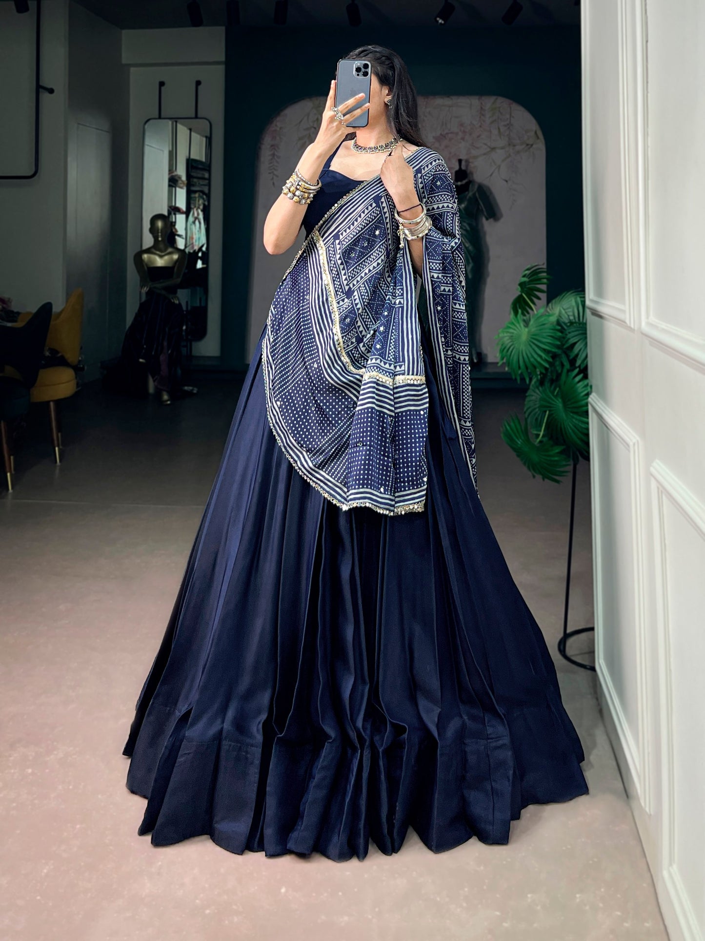 RangBhoomi Moonga Silk Navratri Lehenga Set with Printed Satin Dupatta