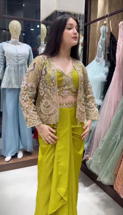 Trendy Party Wear Satin Lehenga with Embroidered Belt and Stylish Net Koti