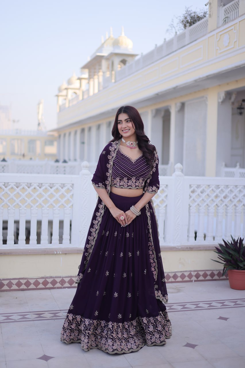 Elegant Lehenga Choli and Dupatta Set with Intricate Sequins and Zari Embroidery
