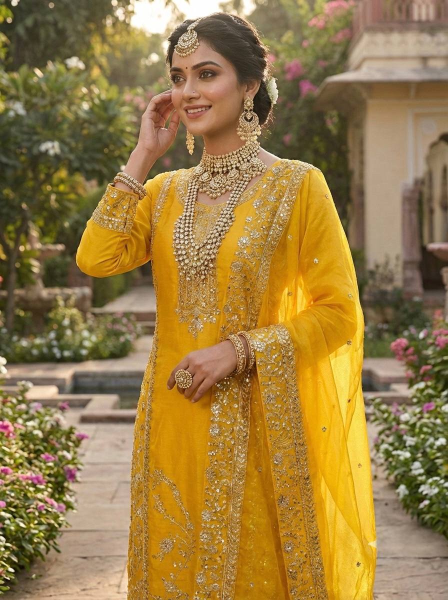 Elegant Designer Ready-to-Wear GMY Silk Three-Piece Set with Heavy Embroidery, Sequins, and Lace Border – Fully Stitched Top, Palazzo, and Dupatta