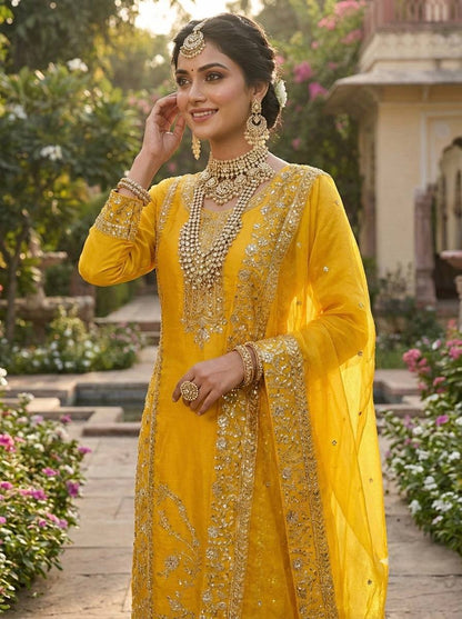 Elegant Designer Ready-to-Wear GMY Silk Three-Piece Set with Heavy Embroidery, Sequins, and Lace Border – Fully Stitched Top, Palazzo, and Dupatta