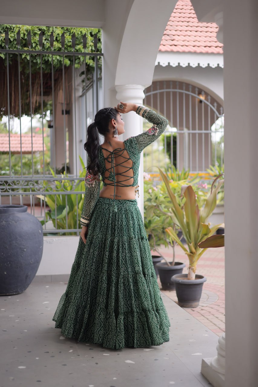 RangBhoomi Bandhni Faux Georgette Full-Stitched Lehenga Set with Designer Square Neck Blouse