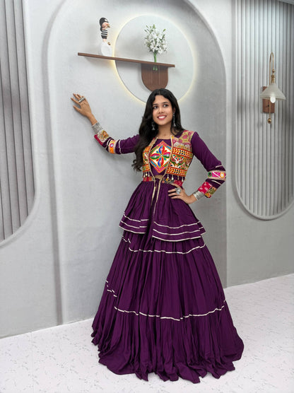 RangBhoomi Navratri Special Gamathi Work 9m Flair Pure Cotton Lehenga Choli - Fully Stitched