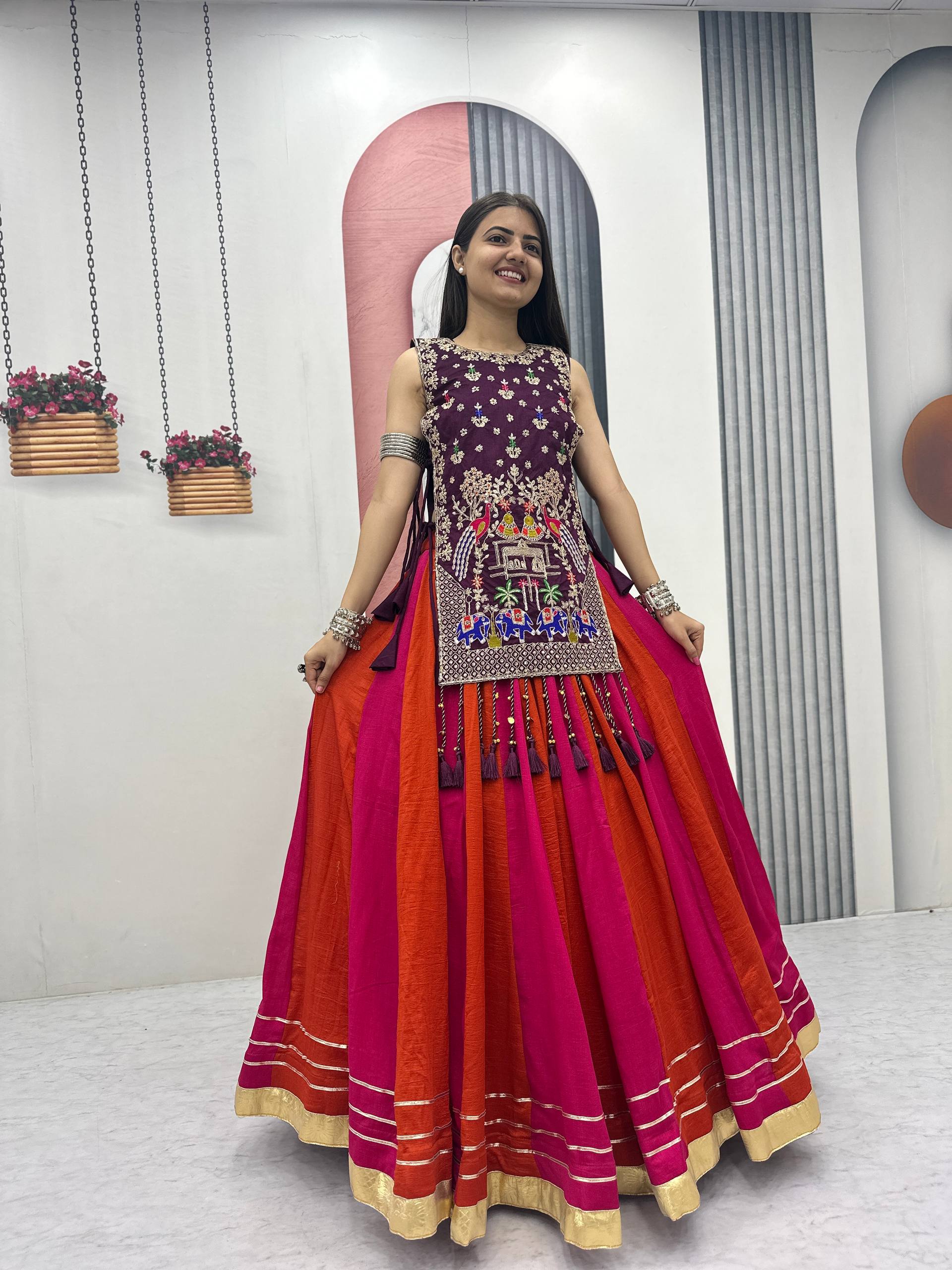 RangBhoomi Elegant Navratri Special Vichitra Silk Lengha Choli with Heavy Thread and Sequence Work Shrug