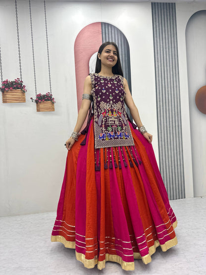 RangBhoomi Elegant Navratri Special Vichitra Silk Lengha Choli with Heavy Thread and Sequence Work Shrug