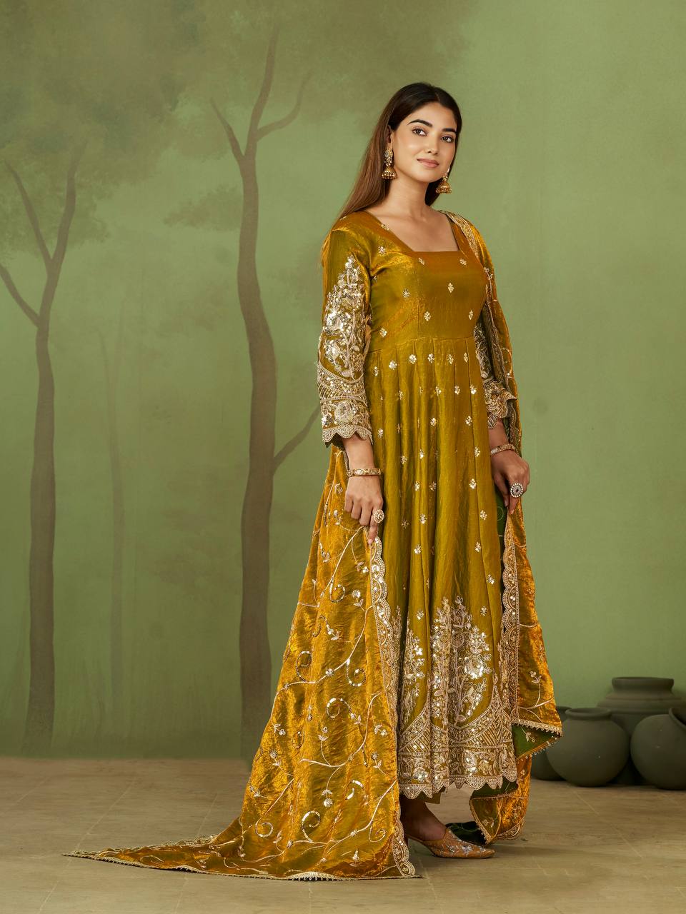 RangBhoomi Designer Party Wear Gown Set — 10 Colors, Heavy Jelly Shimmer Silk, Fully Stitched Embroidered Gown with Dupatta & Micro-Cotton Pant