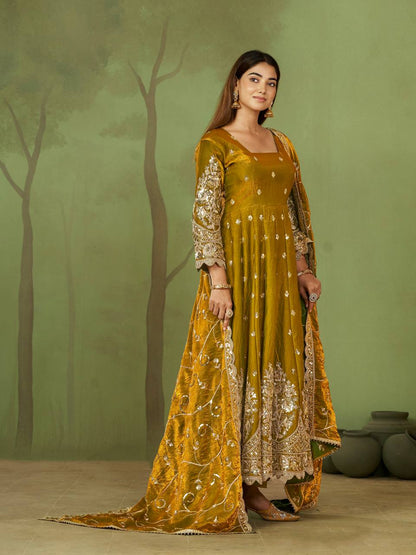RangBhoomi Designer Party Wear Gown Set — 10 Colors, Heavy Jelly Shimmer Silk, Fully Stitched Embroidered Gown with Dupatta & Micro-Cotton Pant