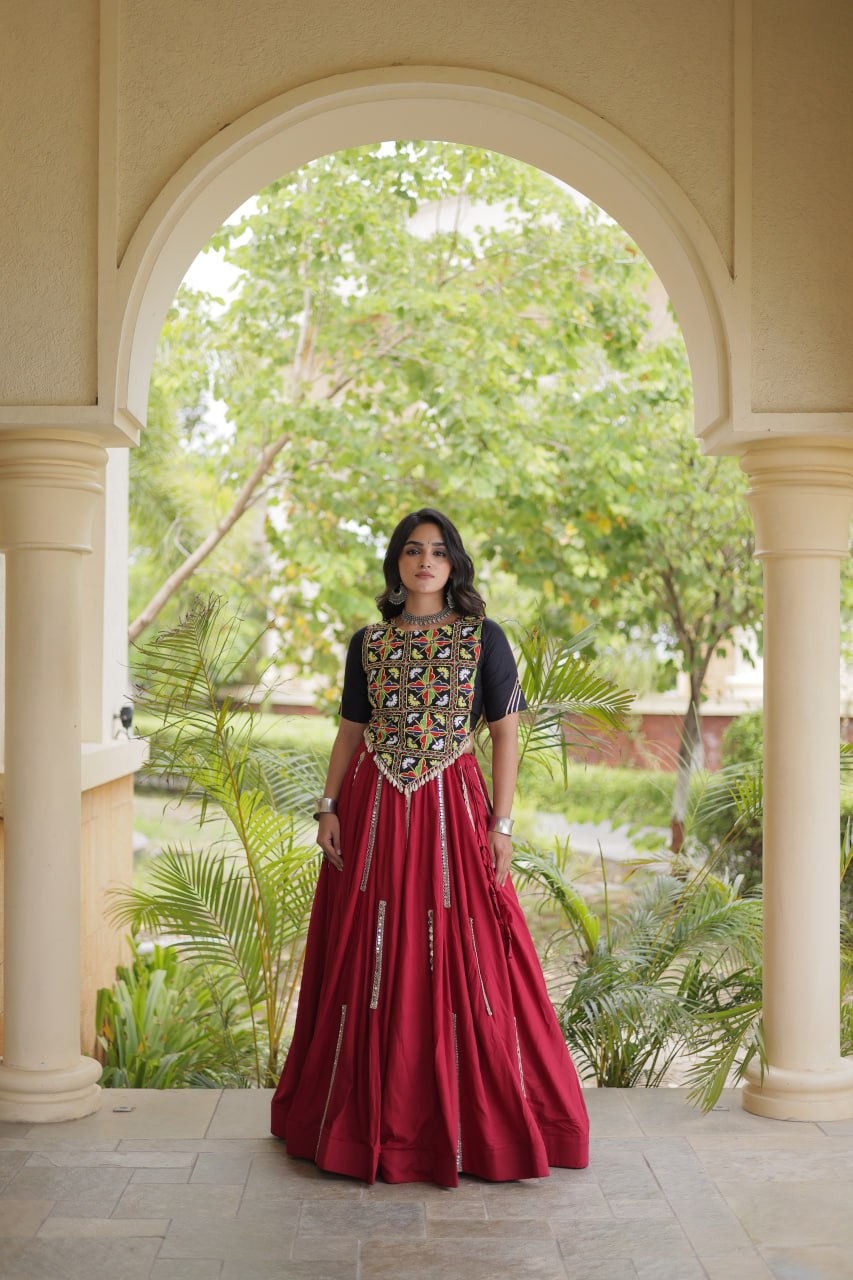 RangBhoomi Navratri Reflective Rayon Lehenga Set with Mirror & Gota Lace (Black, Maroon, White)