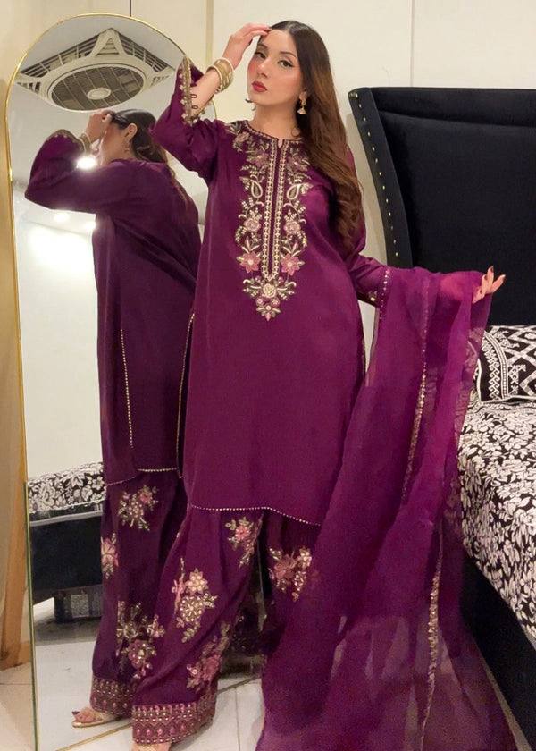 RangBhoomi Women's Premium Ethnic French Crepe Ensemble with Embroidered Thread Work, Full Sleeve Top, Farshi Pant, and GMY Silk Dupatta
