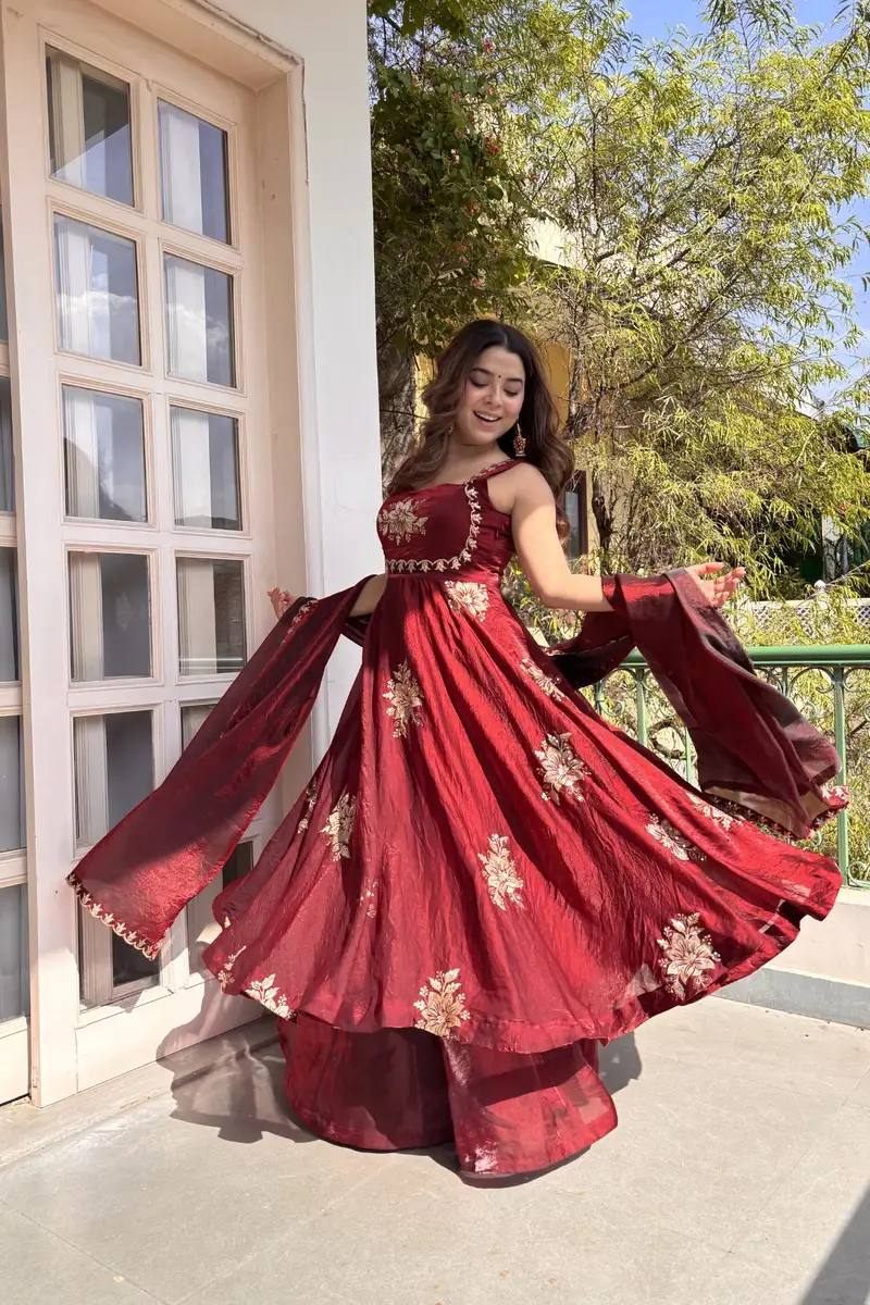 Elegant Party Wear Fendi Satin Gown Set with Dupatta and Pants Featuring 3mm Metallic Sequins and Intricate Zari Embroidery