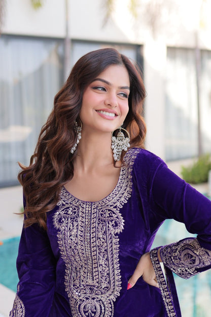 Ready-to-Wear Velvet Top and Pant Set with Embroidered Batwa from RangBhoomi Collection