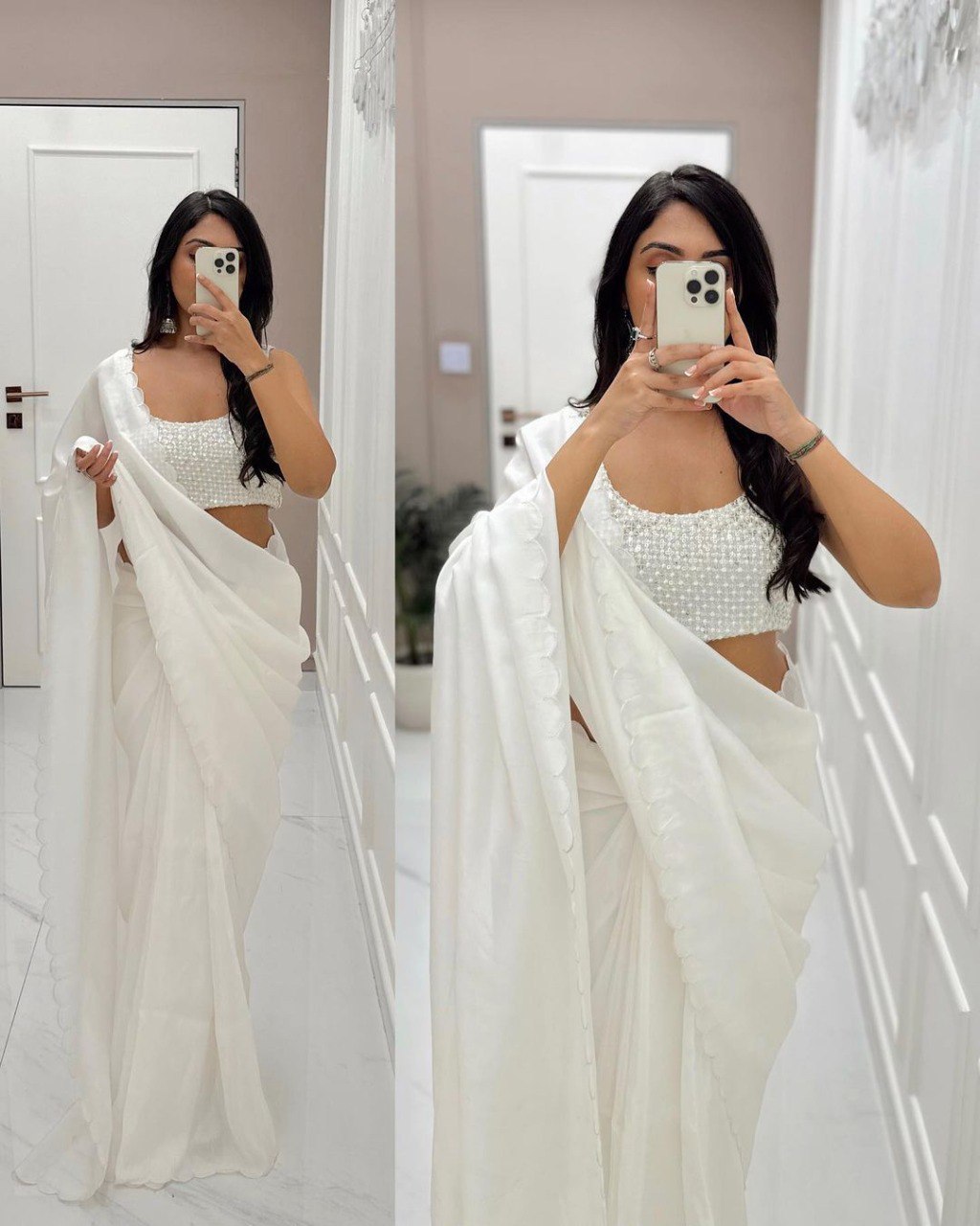 Adjustable fit: free-size white Rangoli silk saree suitable for 26" to 44" inch waists.