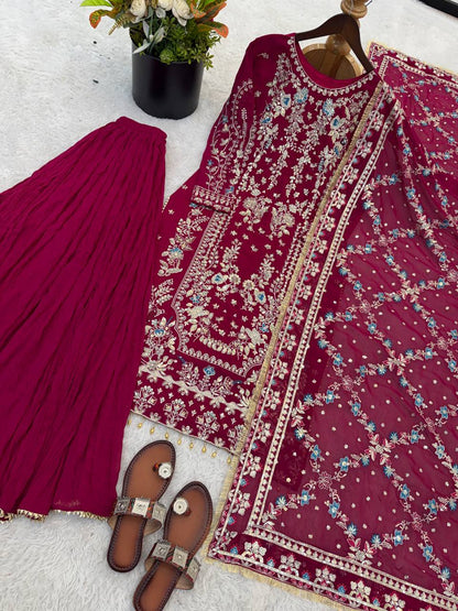 Elegant Ready-to-Wear Designer Set in Faux Georgette with Intricate Heavy Embroidery and Sequins - Fully Stitched Top, Bottom, and Dupatta