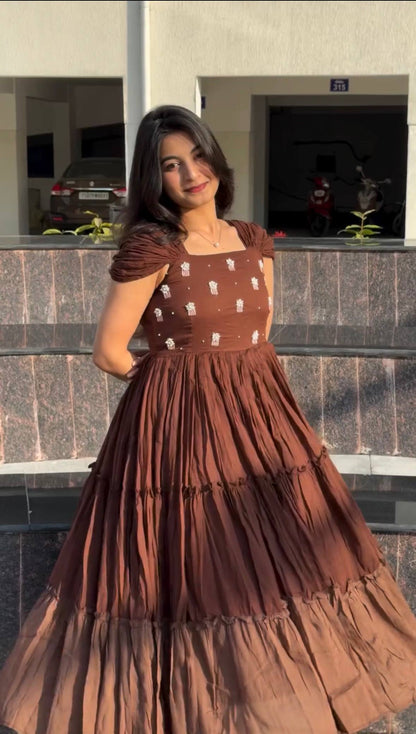 Summer Special Mull-Mull Cotton Gown with Exquisite Maggam Embroidery – Where Elegance Meets Unmatched Comfort