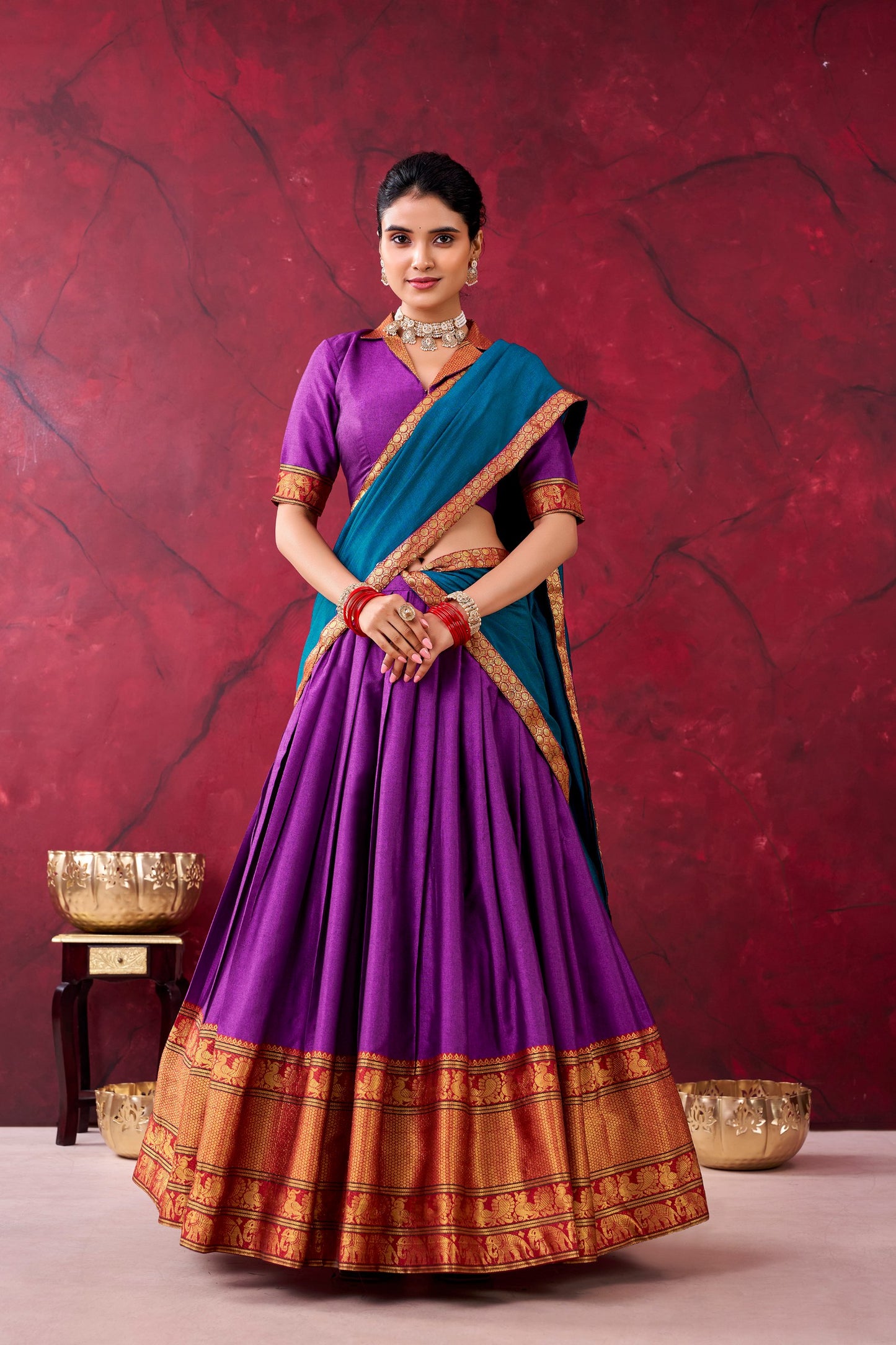 Elegant Narayanpet Cotton Lehenga Set with Zari Weaving Work – Includes Stitched Lehenga, Unstitched Blouse, Crepe Dupatta, Tassels, and Drawstring Belt