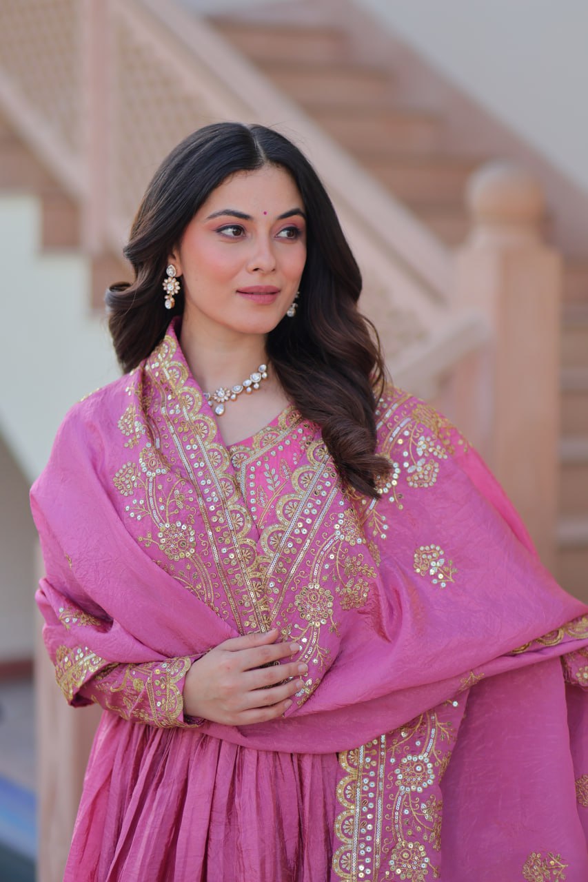 Trending Gold Gown: Crush Fabric, Embroidered Dupatta