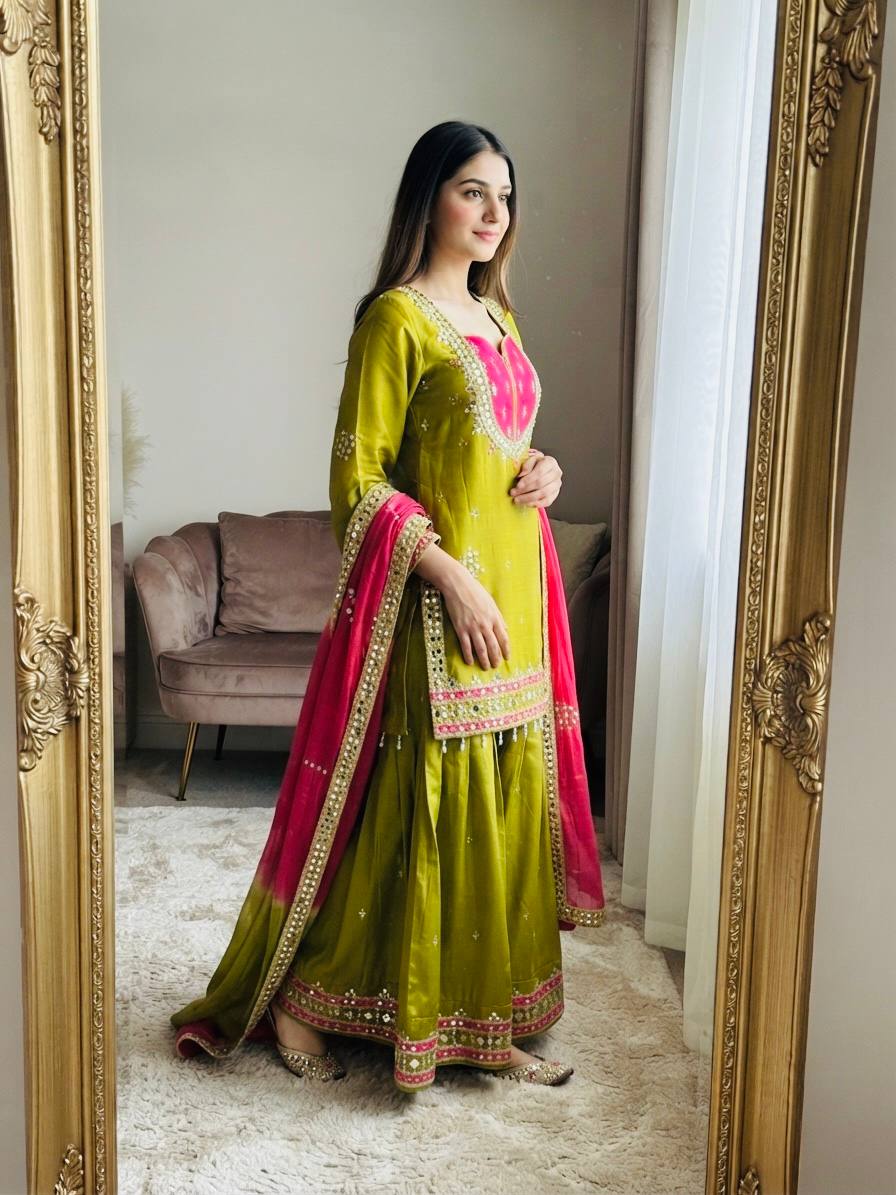 RangBhoomi Roman Glass Mirror-Work Ethnic Set — Fully Stitched Kurta, Palazzo & Kota Dupatta