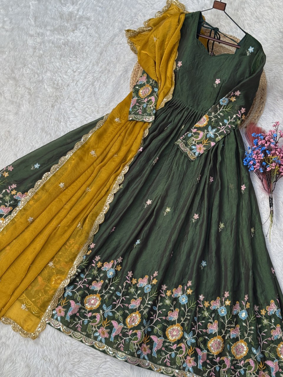 Elegant Fendi Silk Gown with Heavy Sequin and Zari Embroidery, Paired with Matching Dupatta – Collection 2026