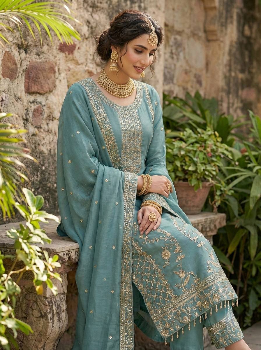 Elegant Designer Ready-to-Wear GMY Silk Three-Piece Set with Heavy Embroidery, Sequins, and Lace Border – Fully Stitched Top, Palazzo, and Dupatta