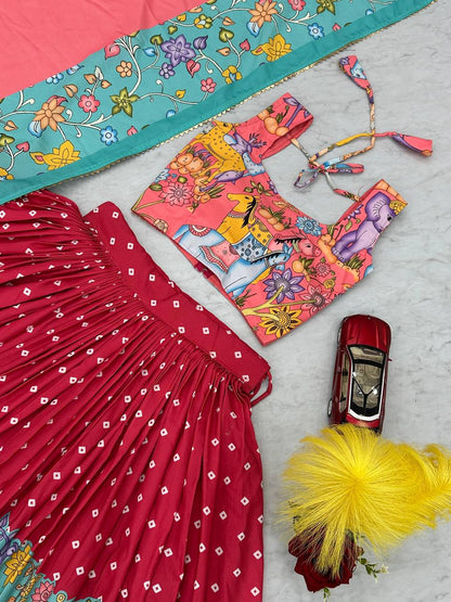Top-down view of Kalamkari Lehenga Choli set with choli detail.