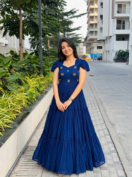 Summer Special Mull-Mull Cotton Gown with Exquisite Maggam Embroidery – Where Elegance Meets Unmatched Comfort