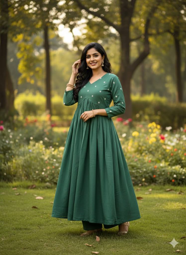 Green Farheen co-ord set with floral accents, Roman silk comfort and style.