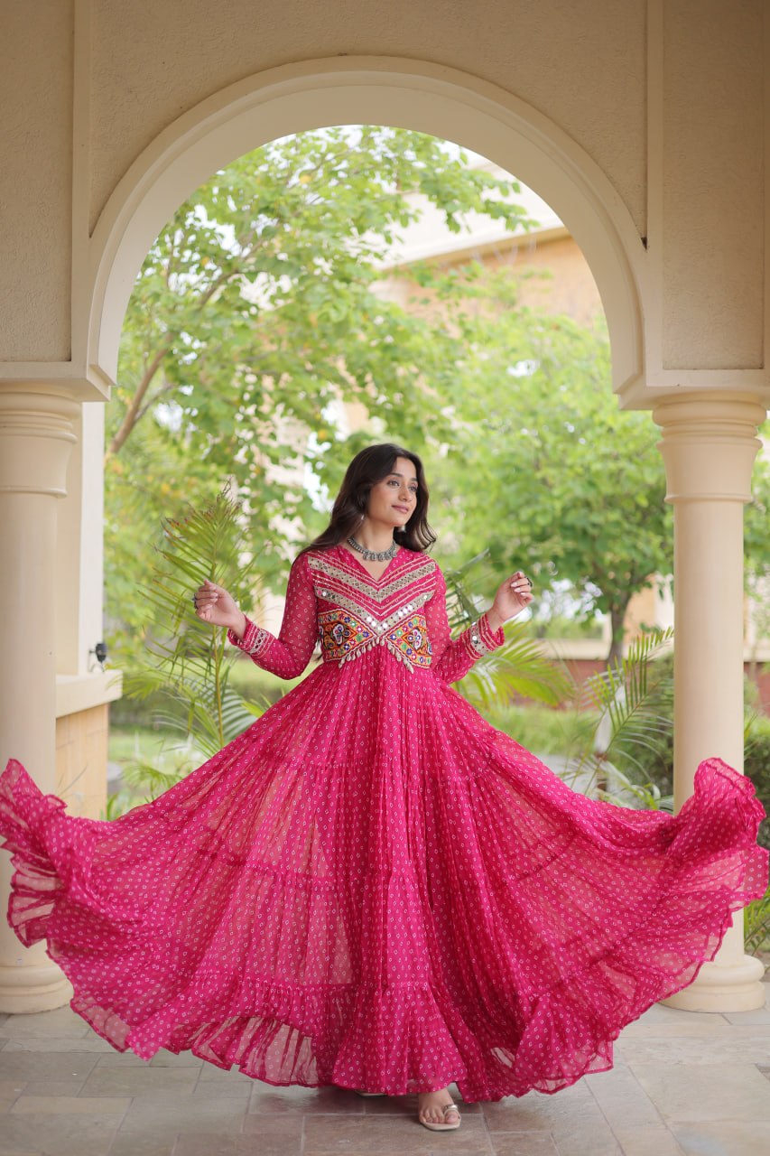 RangBhoomi Bandhani & Kutchi Patchwork Faux Georgette Gown — Navratri Special