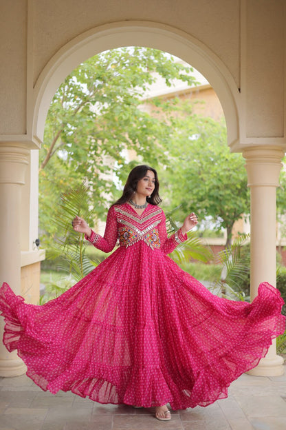 RangBhoomi Bandhani & Kutchi Patchwork Faux Georgette Gown — Navratri Special