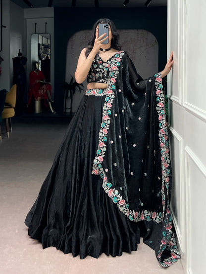 Elegant Black Lehenga Choli Set with Fendi Fabric, Sequins and Thread Embroidery