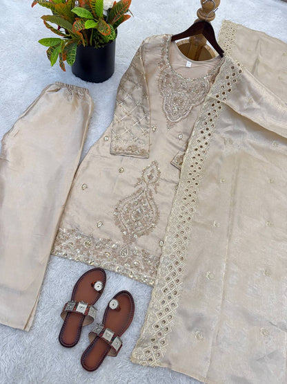 Elegant Designer Party Wear Top, Palazzos, and Dupatta Set with Intricate Heavy Embroidery and Beaded Detailing